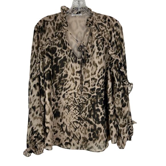 Calvin Klein Animal Print Chiffon Long Sleeve Shirt Size Large Ruffle Tie Neck - Picture 1 of 9